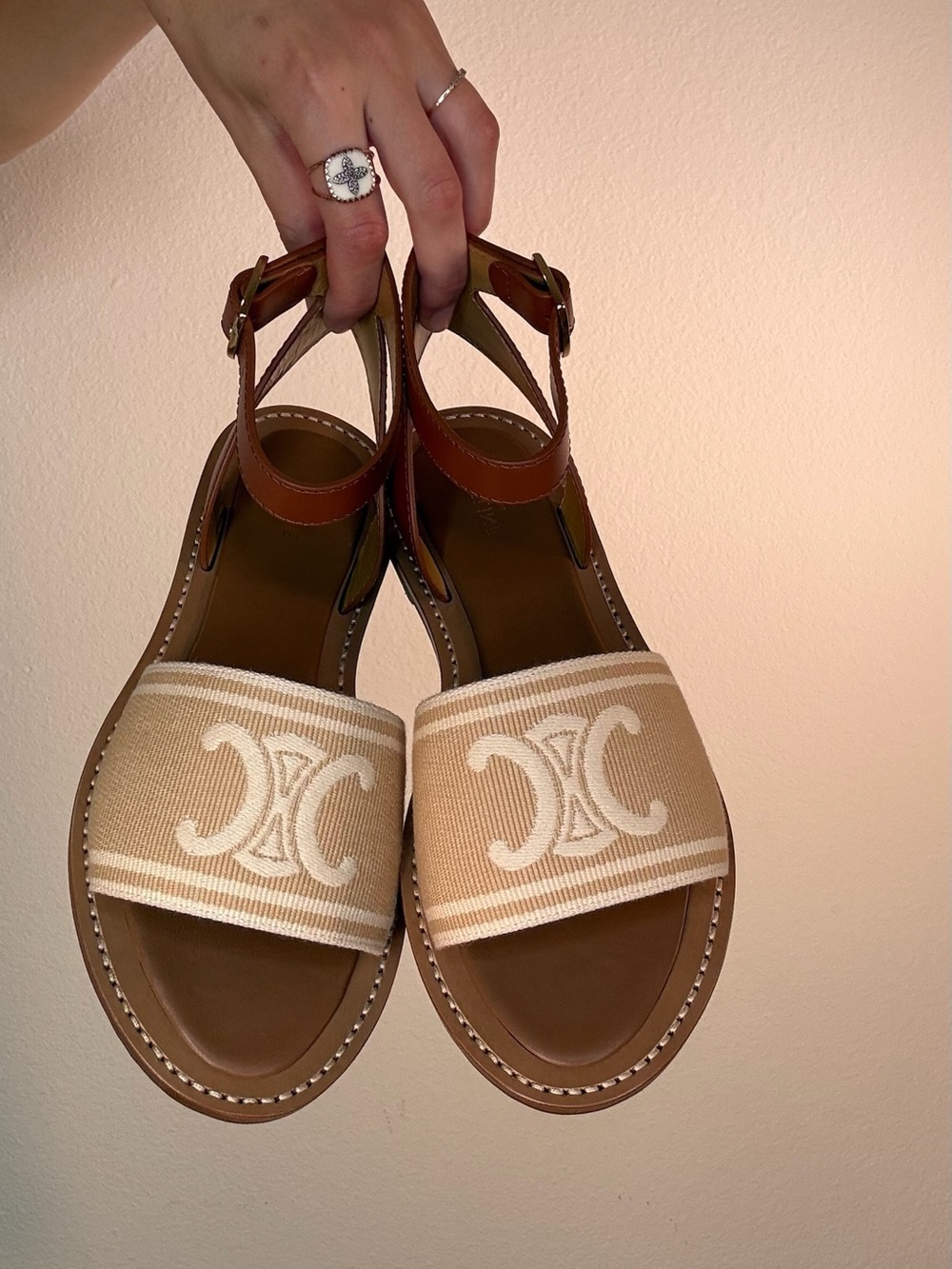 Celine Tan Canvas Logo Sandals with Brown Leather Ankle Strap